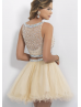 Two Piece Rhinestones Beaded Champagne Tulle Short Homecoming Dress